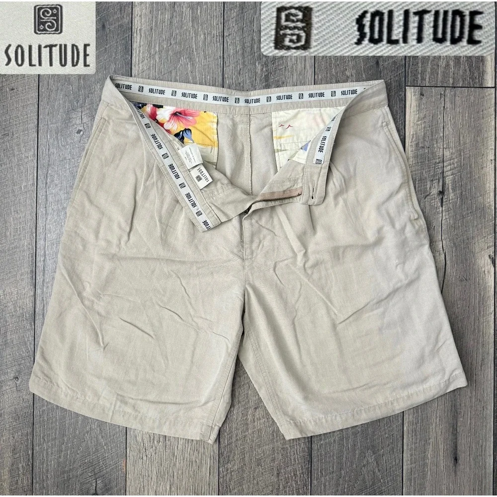 Solitude Pleated Linen Blend Shorts Beige Tan Mens 36 Tropical Lining Chino Golf